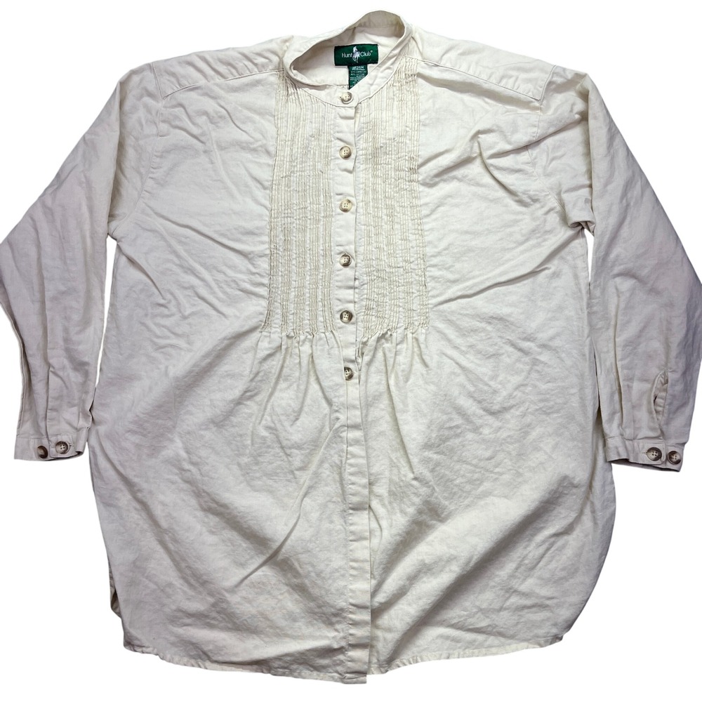 Hunt Club Linen Blend Tunic Top Pintuck‎ Detail Long Sleeve Beige Medium